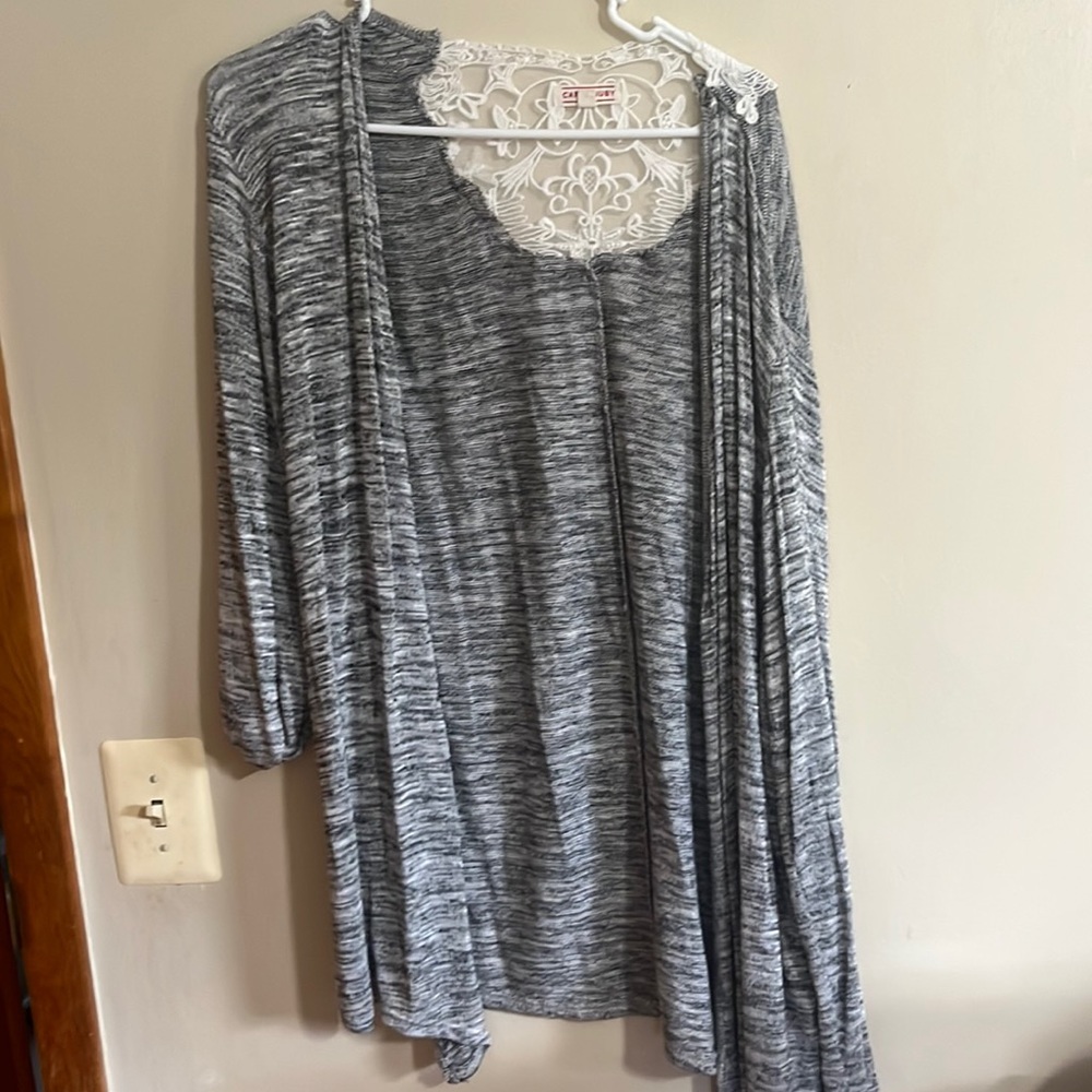 CAPE JUBY Cardigan Sweater Womens  Longer Length Open Front Gray Lace Detail XL